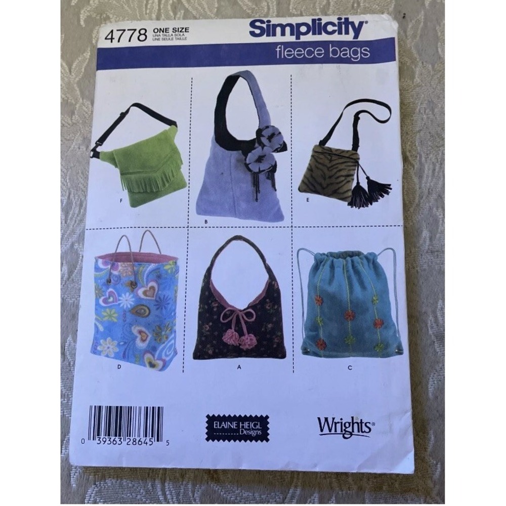 Simplicity 4778 Fleece Bag Sewing Pattern Elaine Heigl Designs 6 Styles Cut